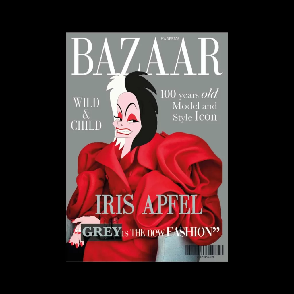 Layout a fashion magazine cover and use a Disney character for the cover.